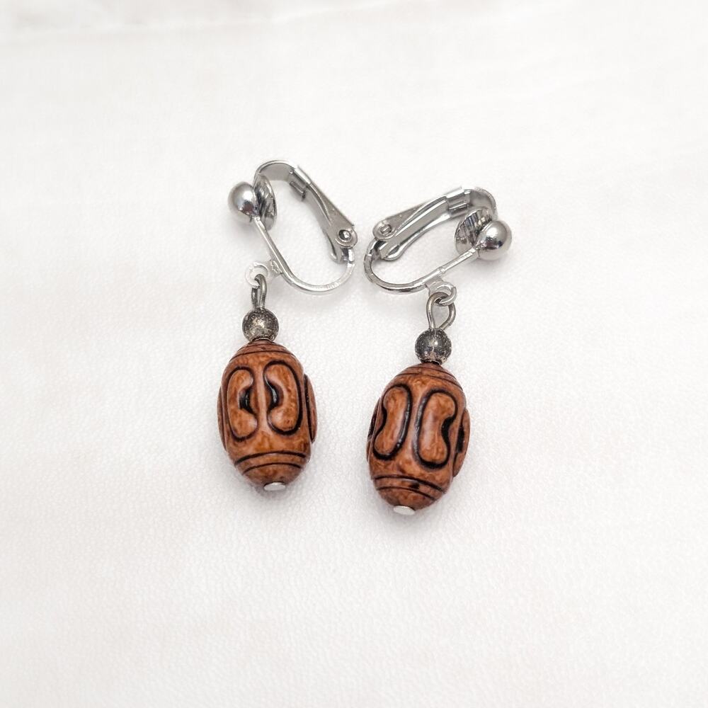Vintage Clip On Earrings Brown/Tan Carved Bead Dangle Drop